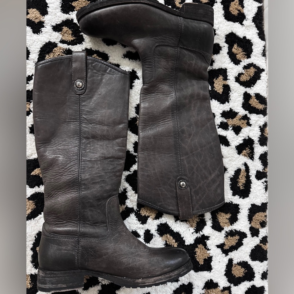 Frye Women's Melissa Button Lug Tall boots in a dark, waxy burnished leather.